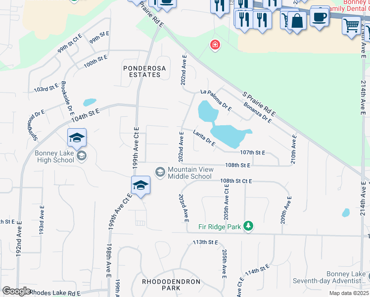 map of restaurants, bars, coffee shops, grocery stores, and more near 10605 202nd Avenue East in Sumner