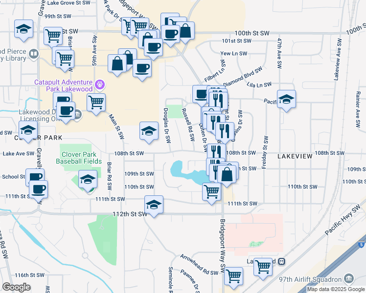 map of restaurants, bars, coffee shops, grocery stores, and more near 10719 Westwood Drive Southwest in Lakewood