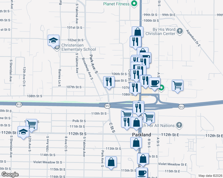 map of restaurants, bars, coffee shops, grocery stores, and more near 515 107th Street South in Tacoma