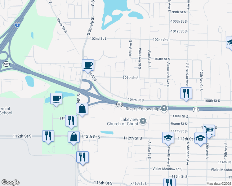 map of restaurants, bars, coffee shops, grocery stores, and more near 10715 Sales Road South in Tacoma