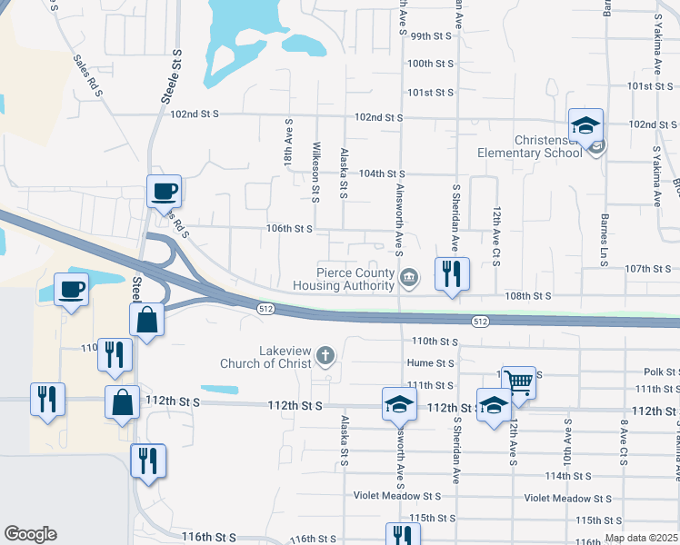 map of restaurants, bars, coffee shops, grocery stores, and more near 10704 17th Avenue South in Tacoma