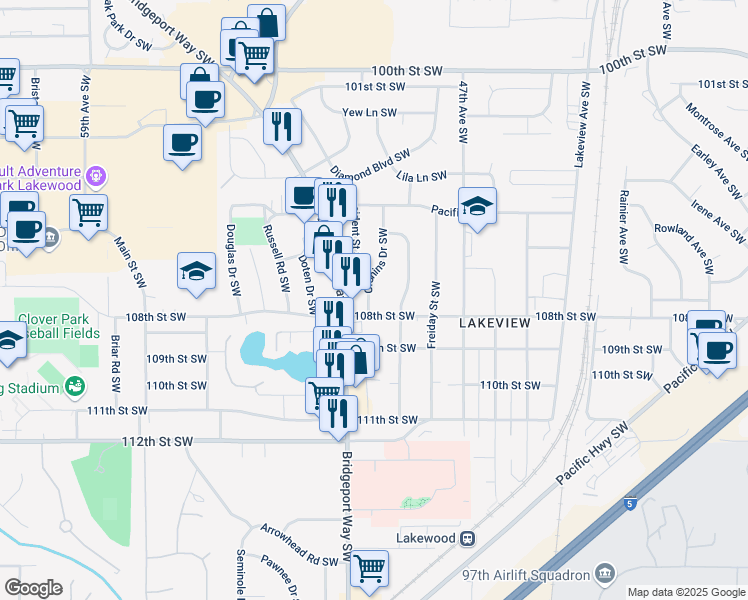 map of restaurants, bars, coffee shops, grocery stores, and more near 10617 Cronins Drive Southwest in Tacoma
