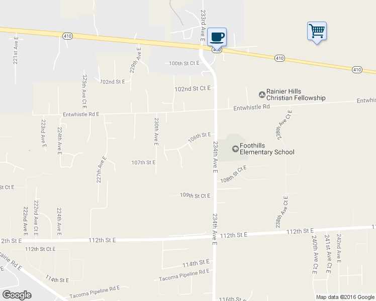map of restaurants, bars, coffee shops, grocery stores, and more near 10606 232nd Avenue East in Buckley