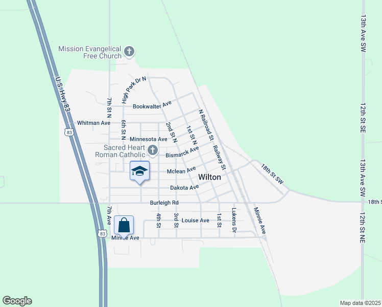map of restaurants, bars, coffee shops, grocery stores, and more near 109 Bismarck Avenue in Wilton
