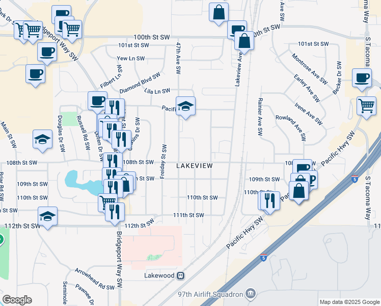 map of restaurants, bars, coffee shops, grocery stores, and more near 10607 47th Avenue Southwest in Tacoma