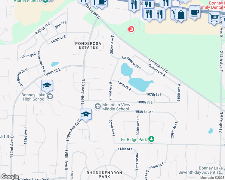 map of restaurants, bars, coffee shops, grocery stores, and more near 10605 202nd Avenue East in Sumner