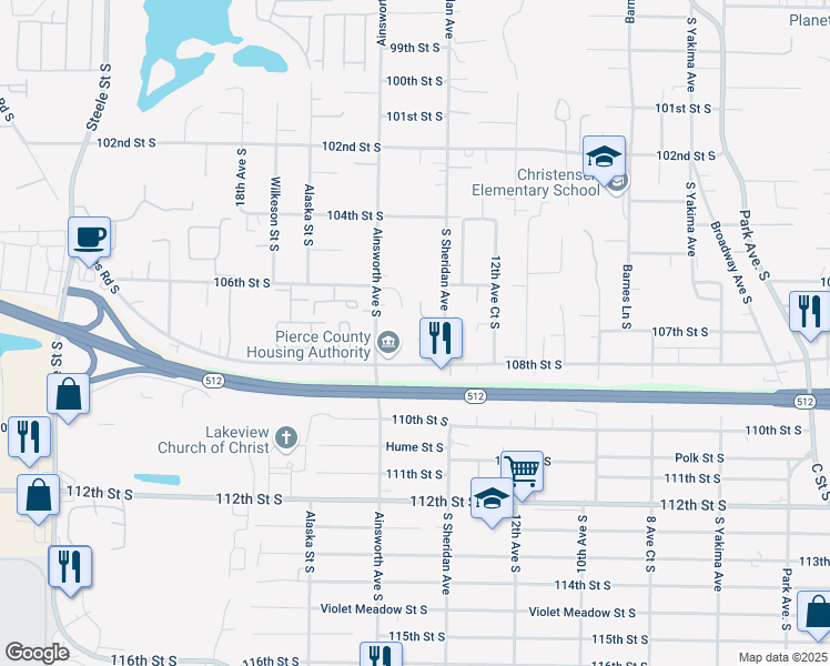 map of restaurants, bars, coffee shops, grocery stores, and more near 1489 107th Street Court South in Tacoma