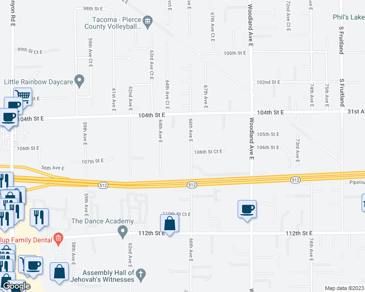 map of restaurants, bars, coffee shops, grocery stores, and more near 10604 66th Avenue East in Puyallup