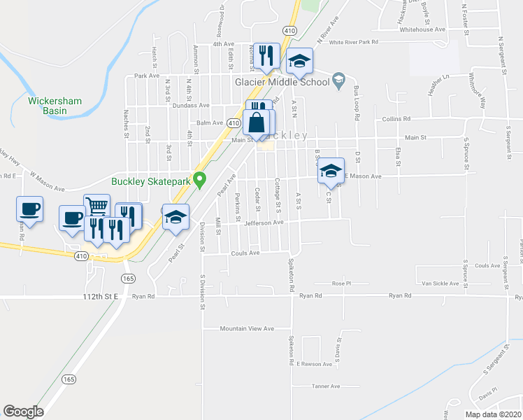 map of restaurants, bars, coffee shops, grocery stores, and more near 272 South Cedar Street in Buckley