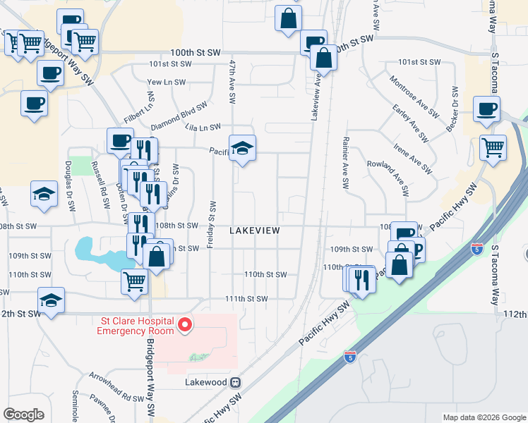 map of restaurants, bars, coffee shops, grocery stores, and more near 10607 Kendrick Street Southwest in Lakewood