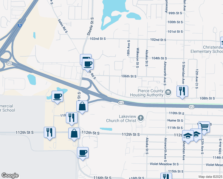 map of restaurants, bars, coffee shops, grocery stores, and more near 10715 Sales Road South in Tacoma