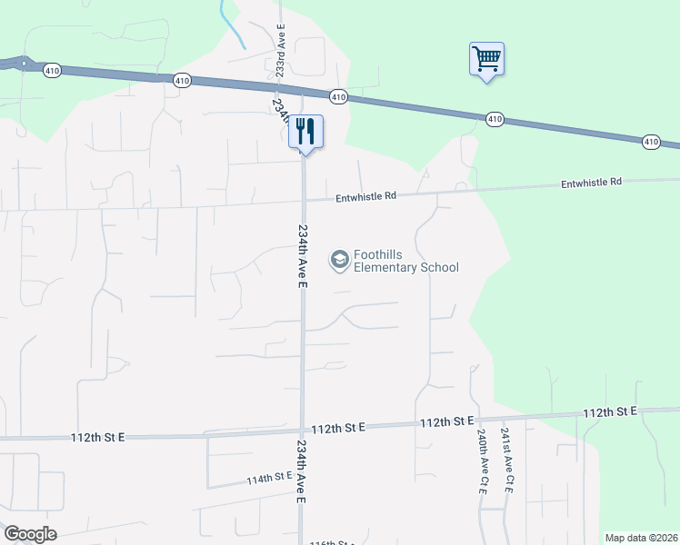map of restaurants, bars, coffee shops, grocery stores, and more near 10621 234th Avenue East in Buckley