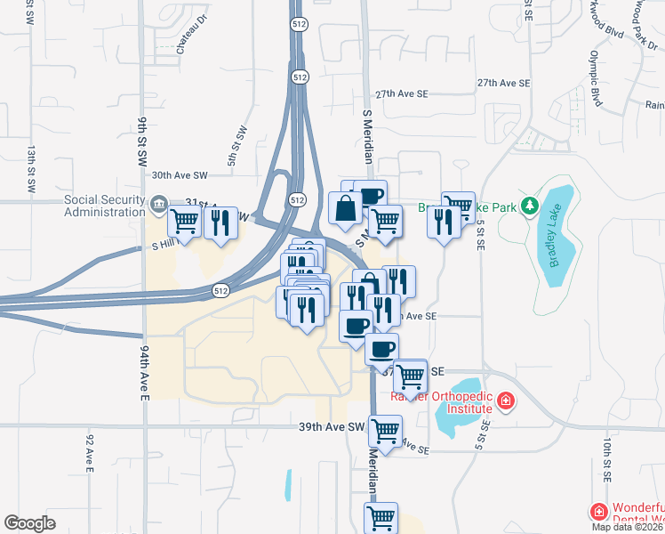 map of restaurants, bars, coffee shops, grocery stores, and more near 3500 South Meridian in Puyallup