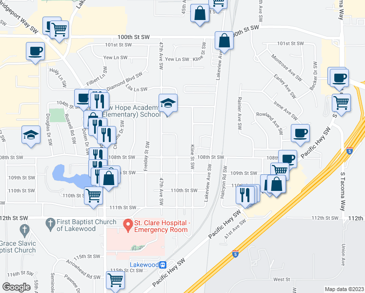 map of restaurants, bars, coffee shops, grocery stores, and more near 10607 Kendrick Street Southwest in Lakewood