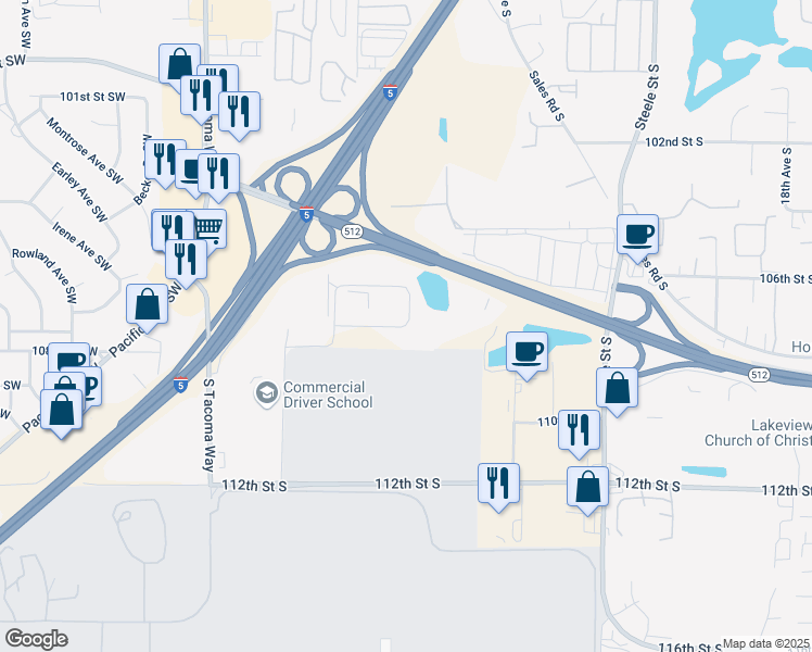 map of restaurants, bars, coffee shops, grocery stores, and more near 2900 107th Street South in Lakewood