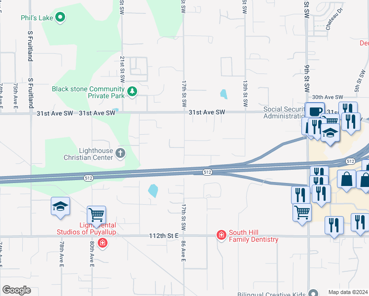 map of restaurants, bars, coffee shops, grocery stores, and more near 12905 34th Avenue Court East in Puyallup