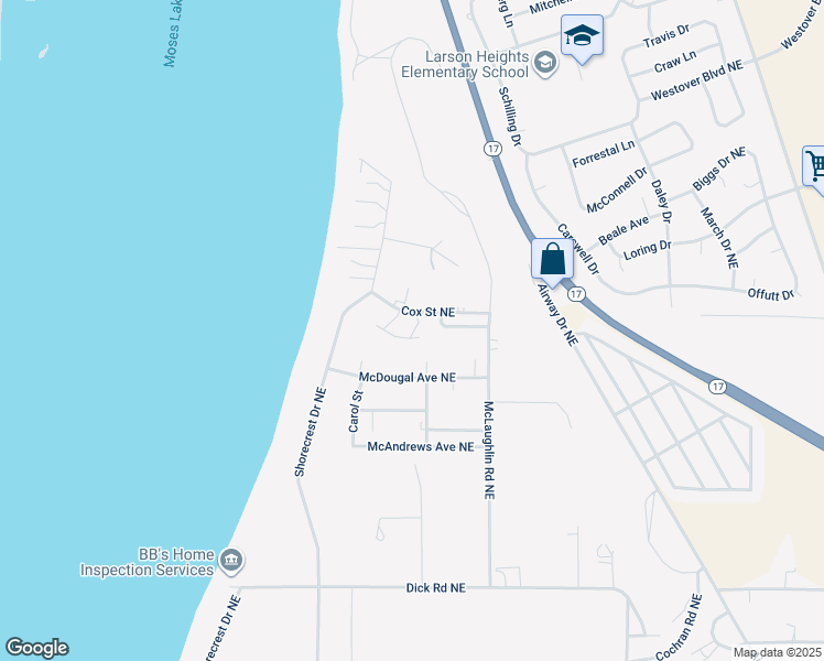 map of restaurants, bars, coffee shops, grocery stores, and more near 7579 Cox Street Northeast in Moses Lake