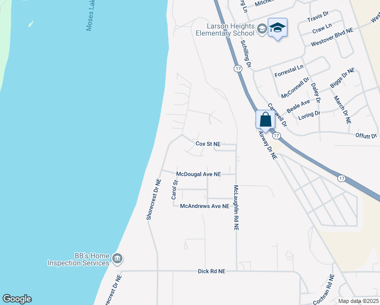 map of restaurants, bars, coffee shops, grocery stores, and more near 7579 Cox Street Northeast in Moses Lake