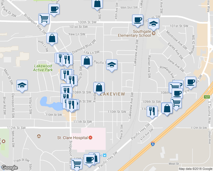 map of restaurants, bars, coffee shops, grocery stores, and more near 10607 47th Avenue Southwest in Tacoma