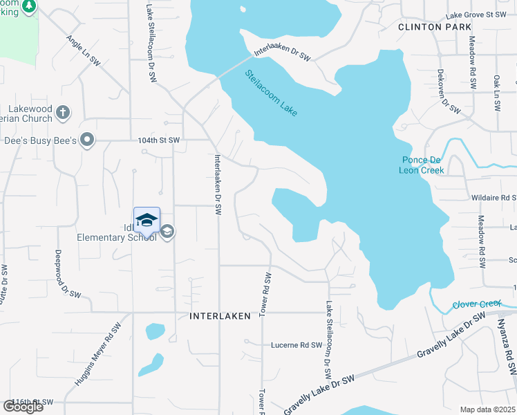 map of restaurants, bars, coffee shops, grocery stores, and more near 10615 Lake Steilacoom Drive Southwest in Tacoma