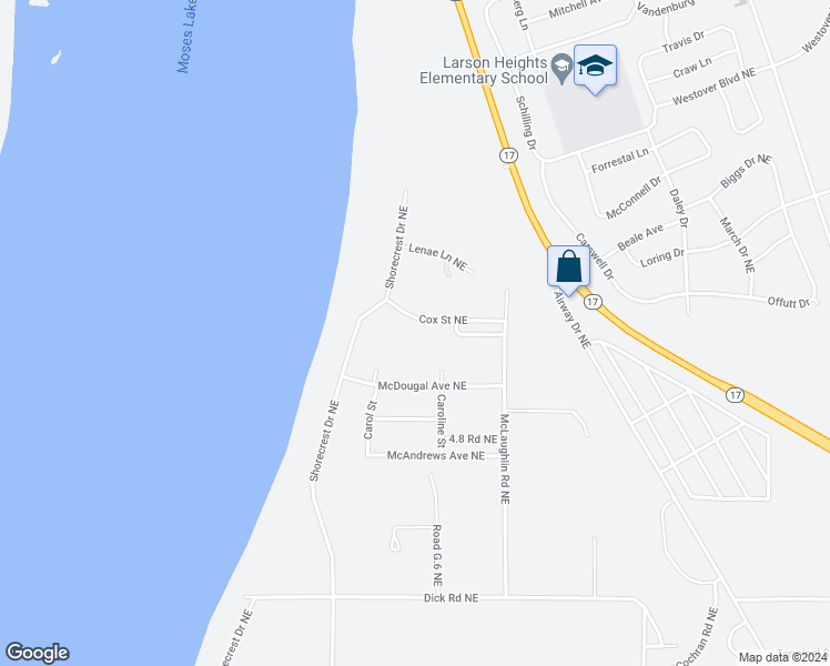map of restaurants, bars, coffee shops, grocery stores, and more near 7579 Cox Street Northeast in Moses Lake