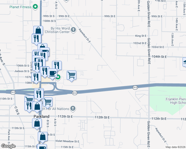 map of restaurants, bars, coffee shops, grocery stores, and more near 10749 A Street South in Tacoma