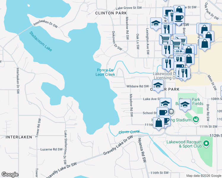 map of restaurants, bars, coffee shops, grocery stores, and more near 6732 Wildaire Road Southwest in Tacoma