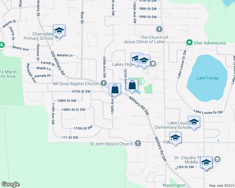 map of restaurants, bars, coffee shops, grocery stores, and more near 10649 108th Avenue Southwest in Tacoma