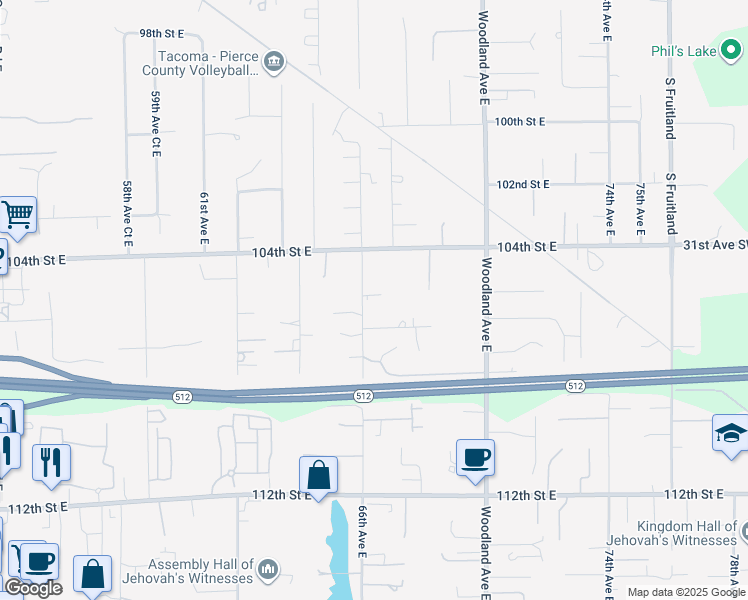 map of restaurants, bars, coffee shops, grocery stores, and more near 10604 66th Avenue East in Puyallup