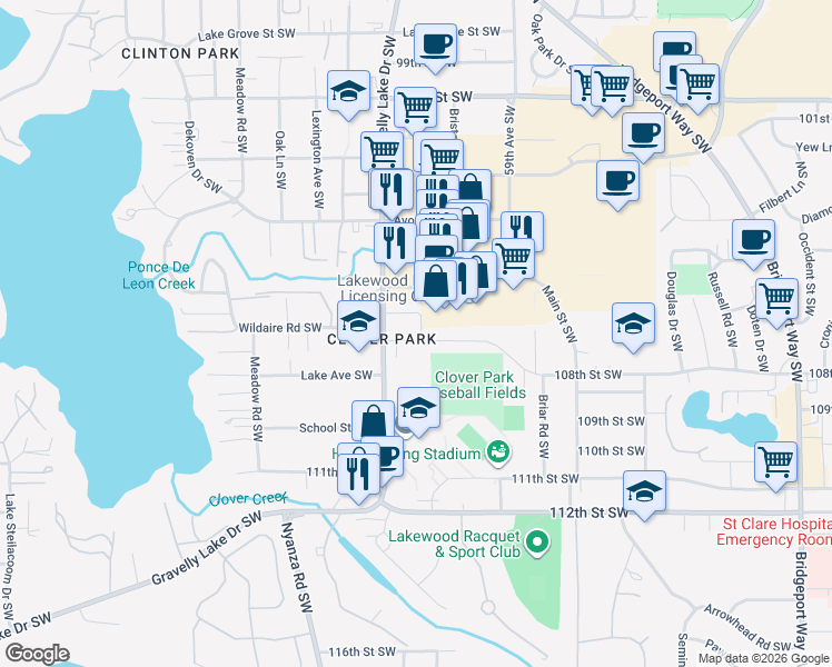 map of restaurants, bars, coffee shops, grocery stores, and more near in Lakewood