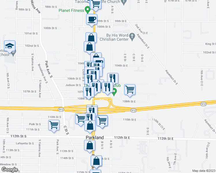 map of restaurants, bars, coffee shops, grocery stores, and more near 110 106th Street South in Tacoma