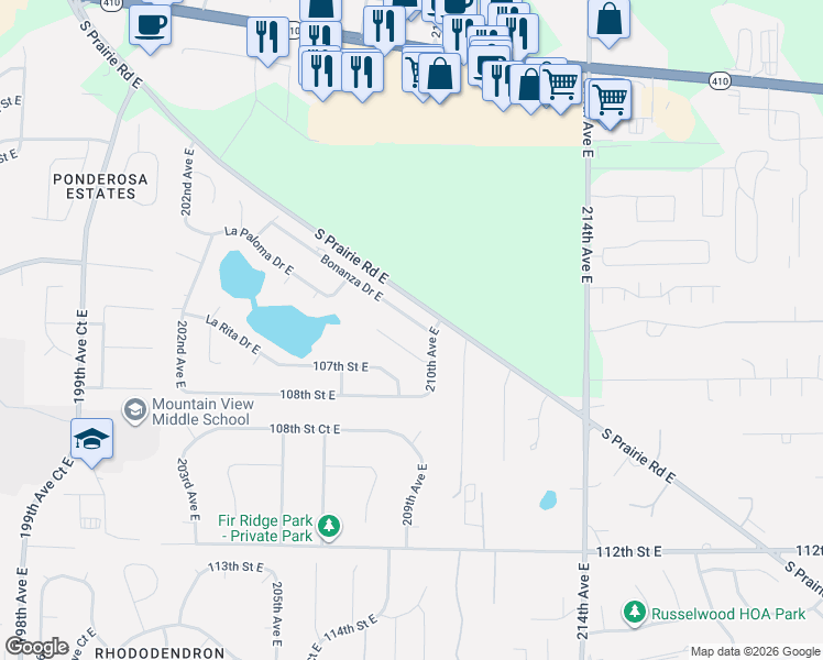 map of restaurants, bars, coffee shops, grocery stores, and more near 20910 Bonanza Drive East in Bonney Lake