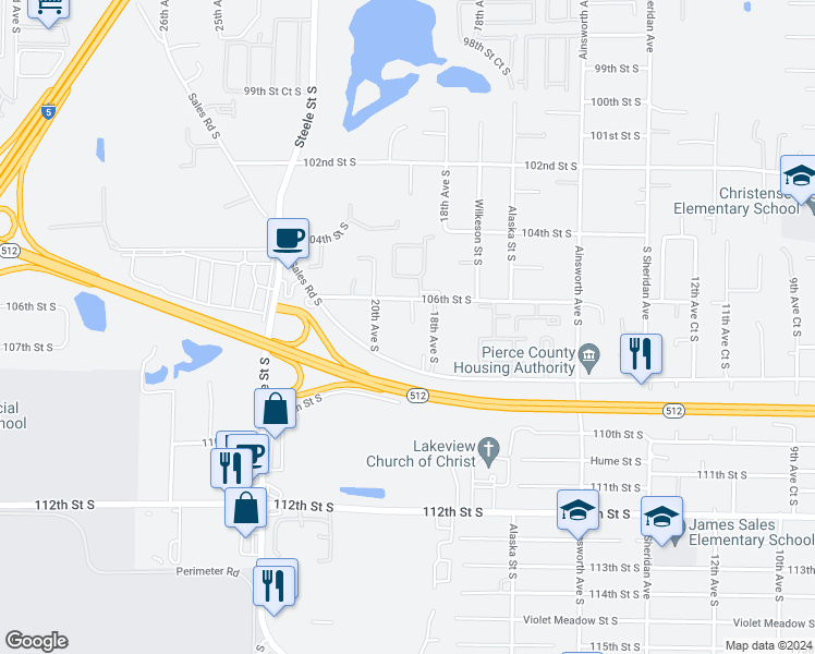 map of restaurants, bars, coffee shops, grocery stores, and more near 1823 108th Street South in Tacoma