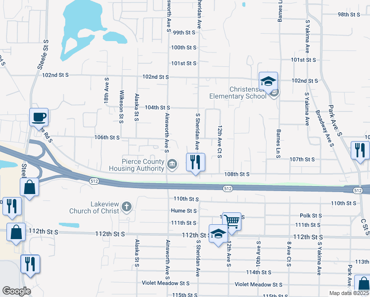 map of restaurants, bars, coffee shops, grocery stores, and more near 1489 107th Street Court South in Tacoma