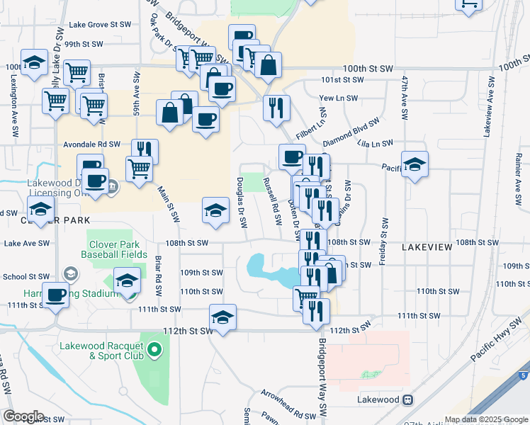 map of restaurants, bars, coffee shops, grocery stores, and more near 10719 Westwood Drive Southwest in Lakewood