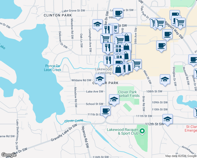 map of restaurants, bars, coffee shops, grocery stores, and more near 10504 Gravelly Lake Drive Southwest in Lakewood
