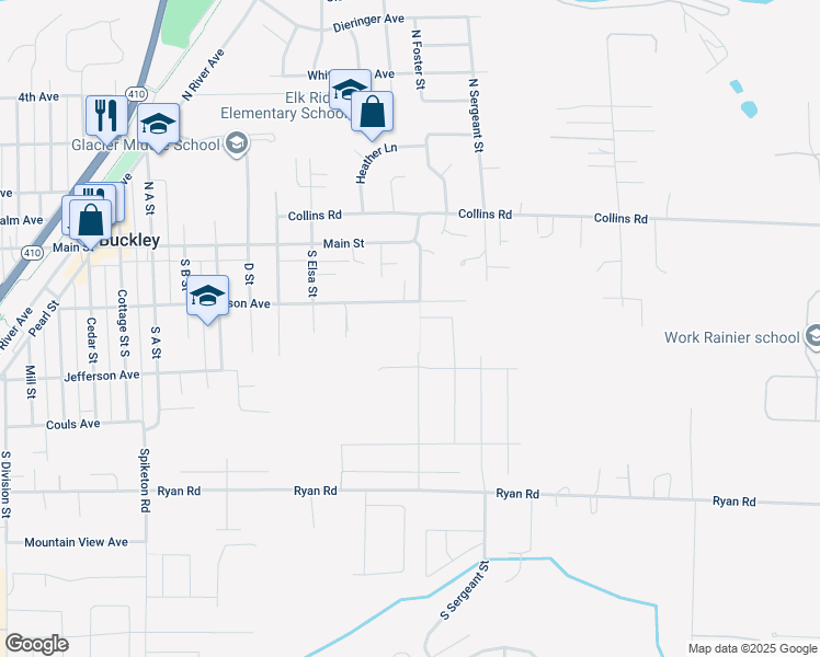 map of restaurants, bars, coffee shops, grocery stores, and more near 1490 East Mason Avenue in Buckley