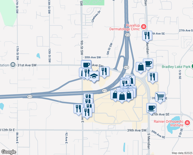 map of restaurants, bars, coffee shops, grocery stores, and more near 620 South Hill Park Drive in Puyallup