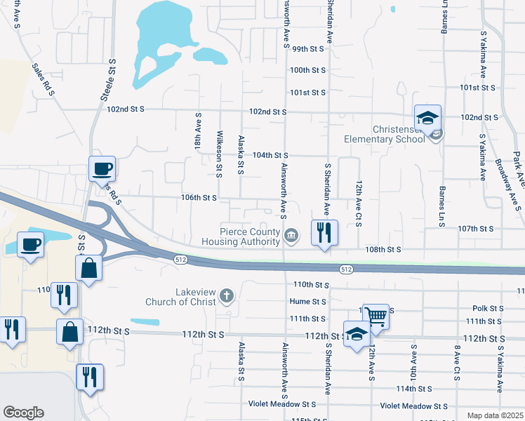 map of restaurants, bars, coffee shops, grocery stores, and more near 1625 106th Street South in Tacoma