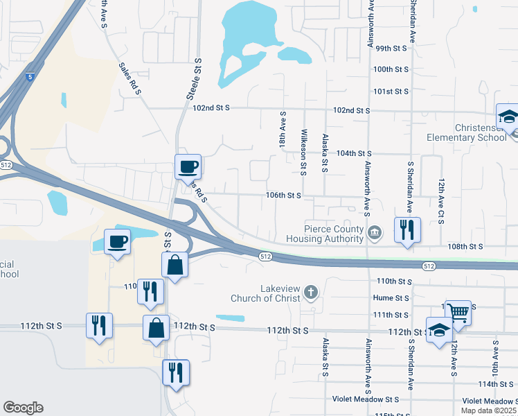 map of restaurants, bars, coffee shops, grocery stores, and more near 1807 105th Street Court South in Tacoma