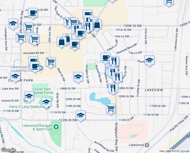 map of restaurants, bars, coffee shops, grocery stores, and more near 10522 Russell Road Southwest in Tacoma