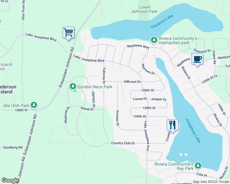 map of restaurants, bars, coffee shops, grocery stores, and more near 11608 Hillcrest Drive in Anderson Island