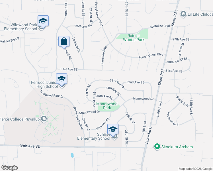 map of restaurants, bars, coffee shops, grocery stores, and more near 2303 33rd Avenue Southeast in Puyallup