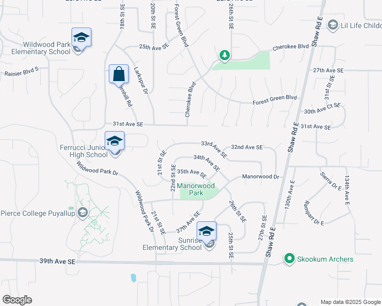 map of restaurants, bars, coffee shops, grocery stores, and more near 2303 33rd Avenue Southeast in Puyallup
