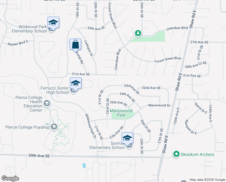 map of restaurants, bars, coffee shops, grocery stores, and more near 2201 33rd Avenue Southeast in Puyallup