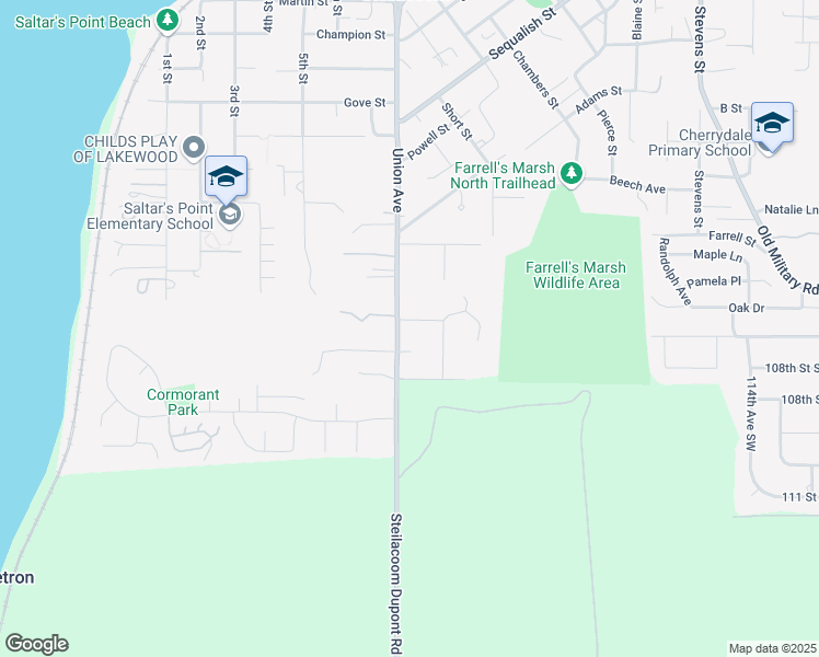 map of restaurants, bars, coffee shops, grocery stores, and more near 1207 Union Avenue in Steilacoom