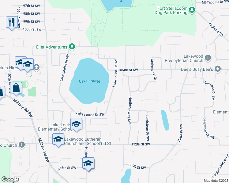 map of restaurants, bars, coffee shops, grocery stores, and more near 217 Lake Louise Drive Southwest in Tacoma
