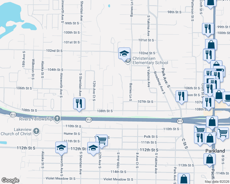 map of restaurants, bars, coffee shops, grocery stores, and more near 1050 105th Street Court South in Tacoma