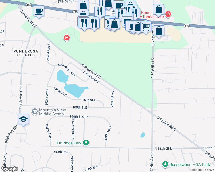 map of restaurants, bars, coffee shops, grocery stores, and more near 20905 Bonanza Drive East in Bonney Lake