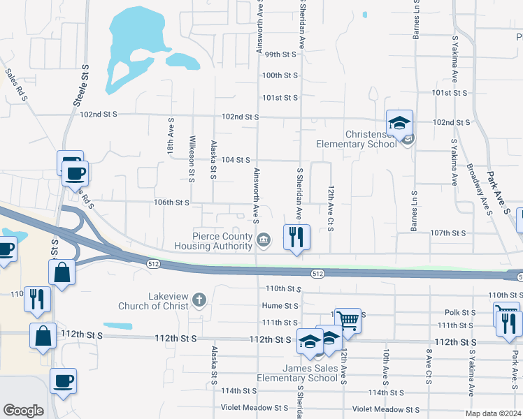 map of restaurants, bars, coffee shops, grocery stores, and more near 1520 106th Street South in Tacoma